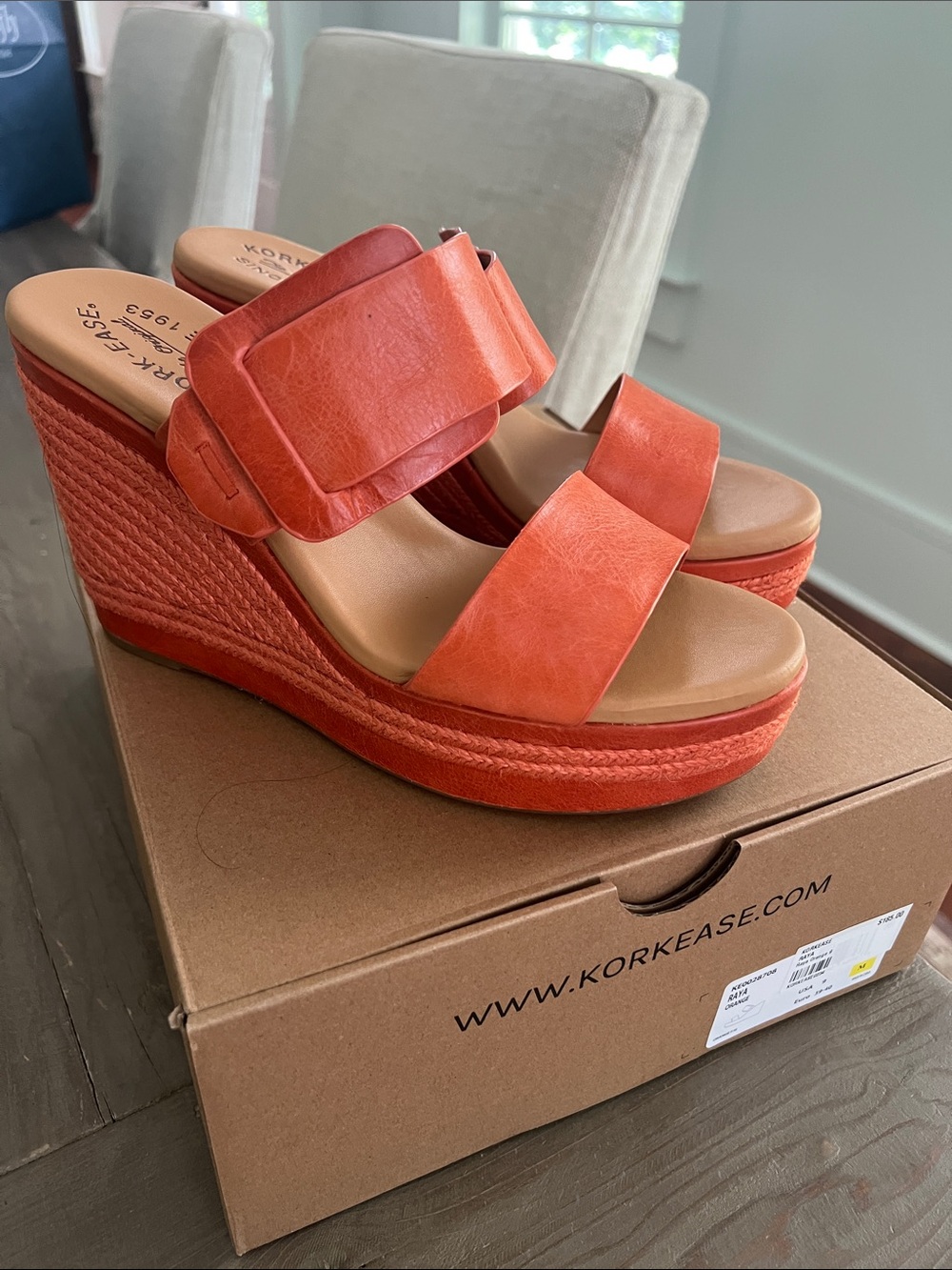 Kork-Ease Women's Coral Orange Leather Wedge Sandals